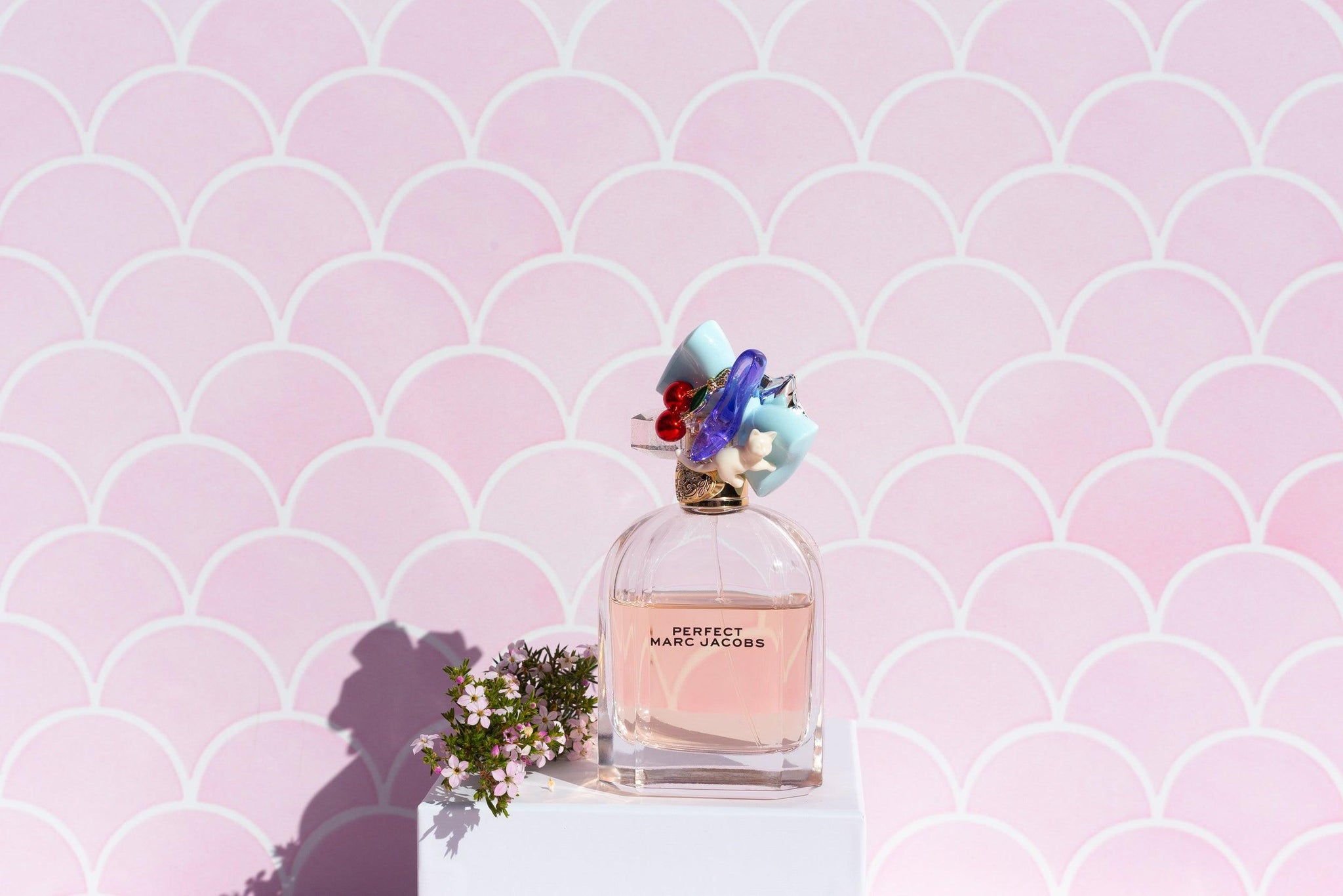 Pretty In Pink fish scale Tile Double-sided Backdrop with marc jacobs perfume- Backdrop Collective