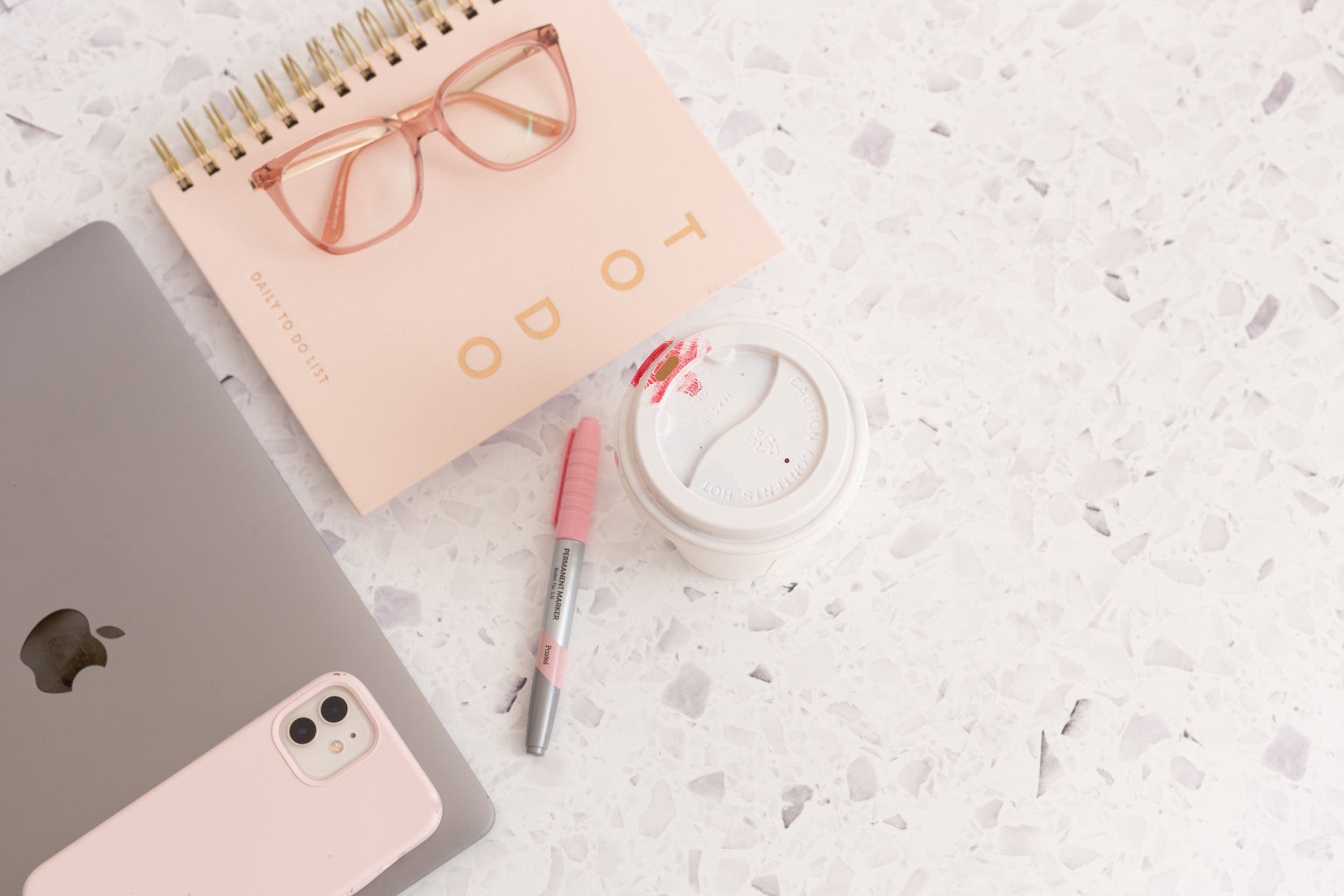 Office tech with pink accessories and coffee - white and grey Terrazzo concrete double-sided vinyl photography backdrop - backdrop collective Australia