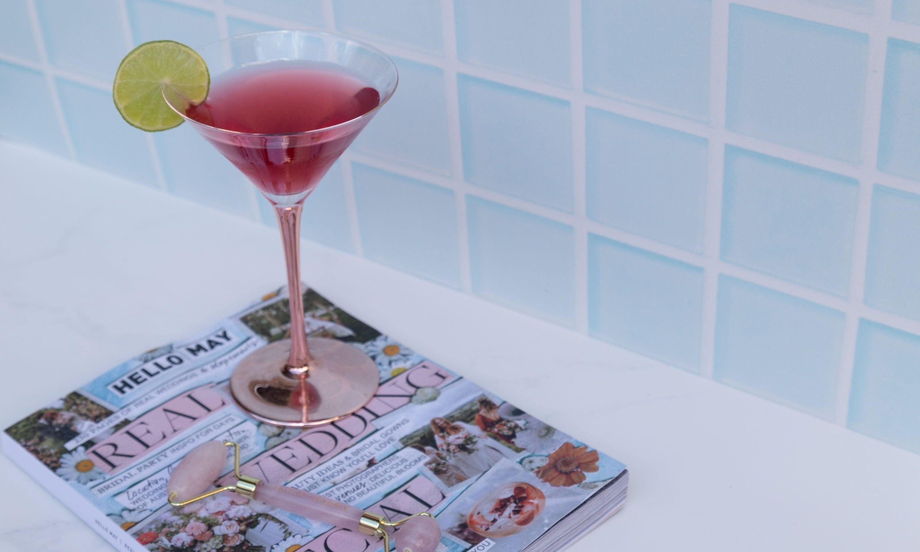 Purple and Blue tile double-sided photography vinyl backdrop with magazine and cosmopolitain cocktail - backdrop collective