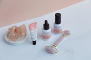 granite white Marble double-sided photography waterproof vinyl backdrop  with frank body skincare product - backdrop collective australia