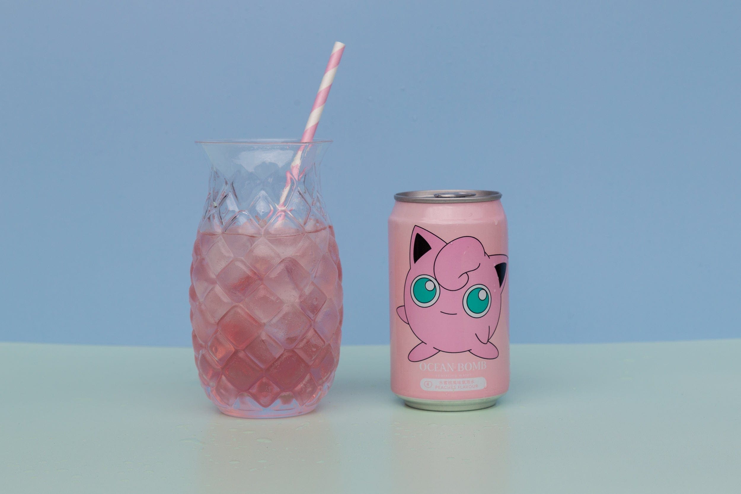 light green and blue double-sided vinyl photography backdrop photographed with pink pokemon soft drink -  backdrop collective australia