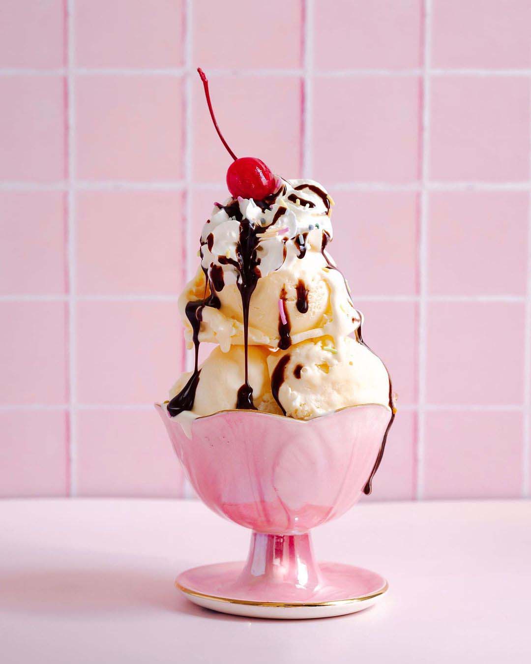 backdrop collective - cherry on ice cream sundae photographed with pink rose quartz tile waterproof photography backdrop 