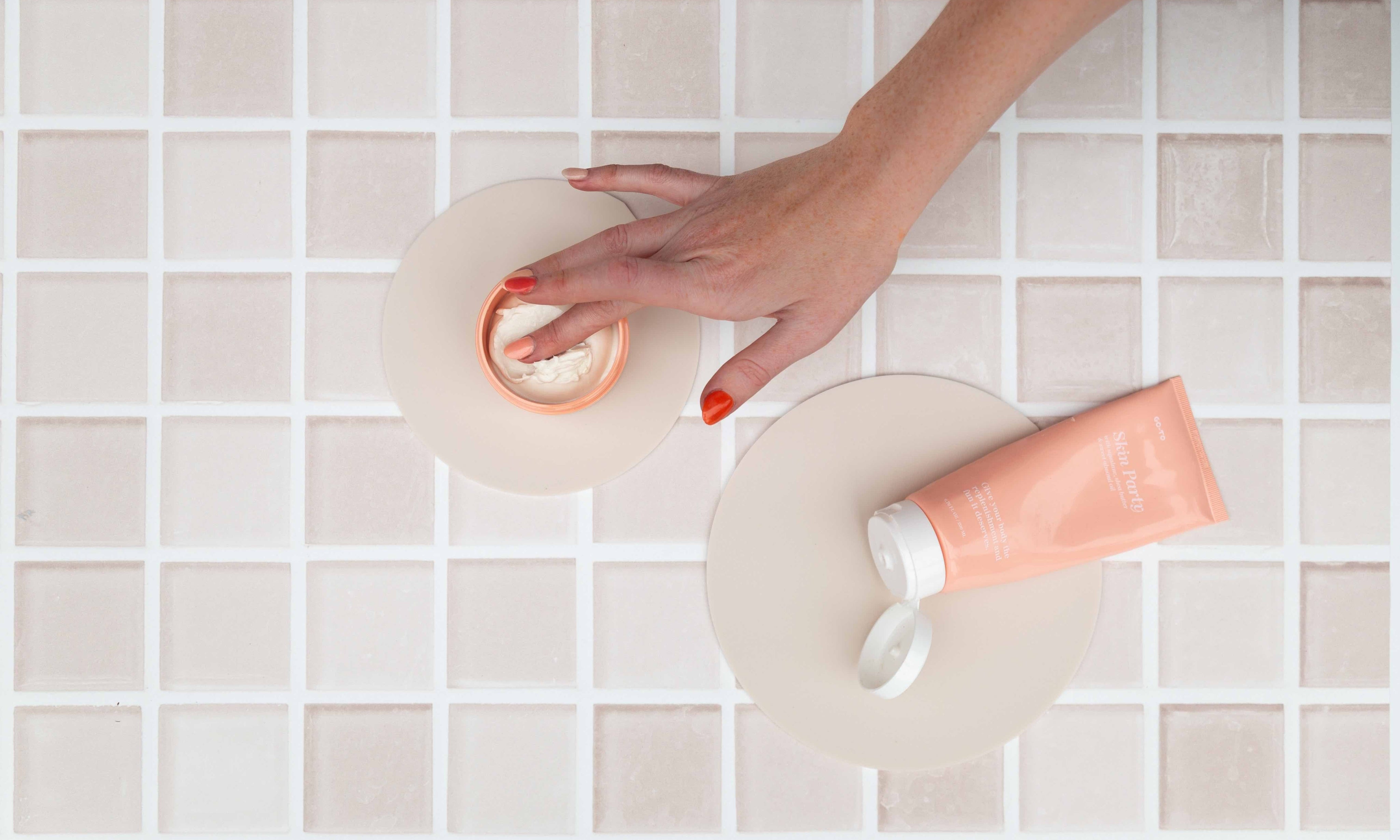 Apricot peach coloured tile vinyl backdrops with beige circle props for Photography - Backdrop Collective Melbourne