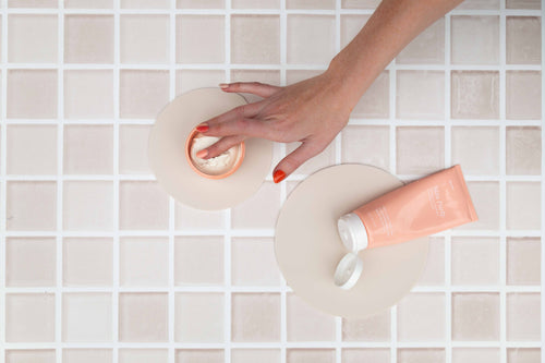 Apricot peach coloured tile vinyl backdrops with beige circle props for Photography - Backdrop Collective Melbourne