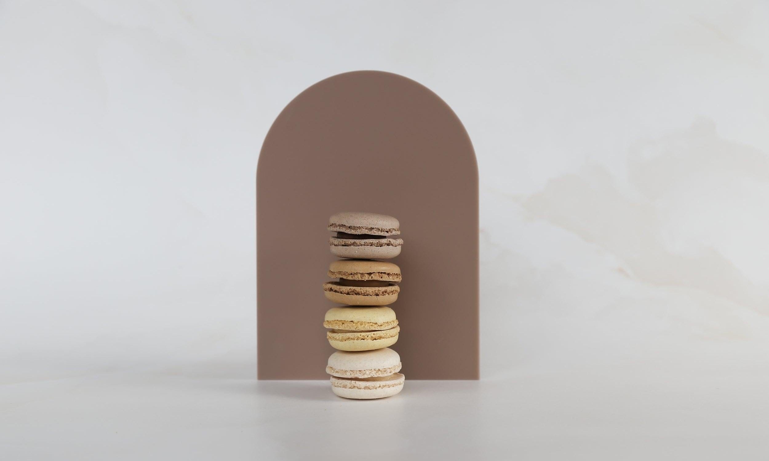 Medium cappuccino brown Acrylic Arch with marble background with macaroon - backdrop collective