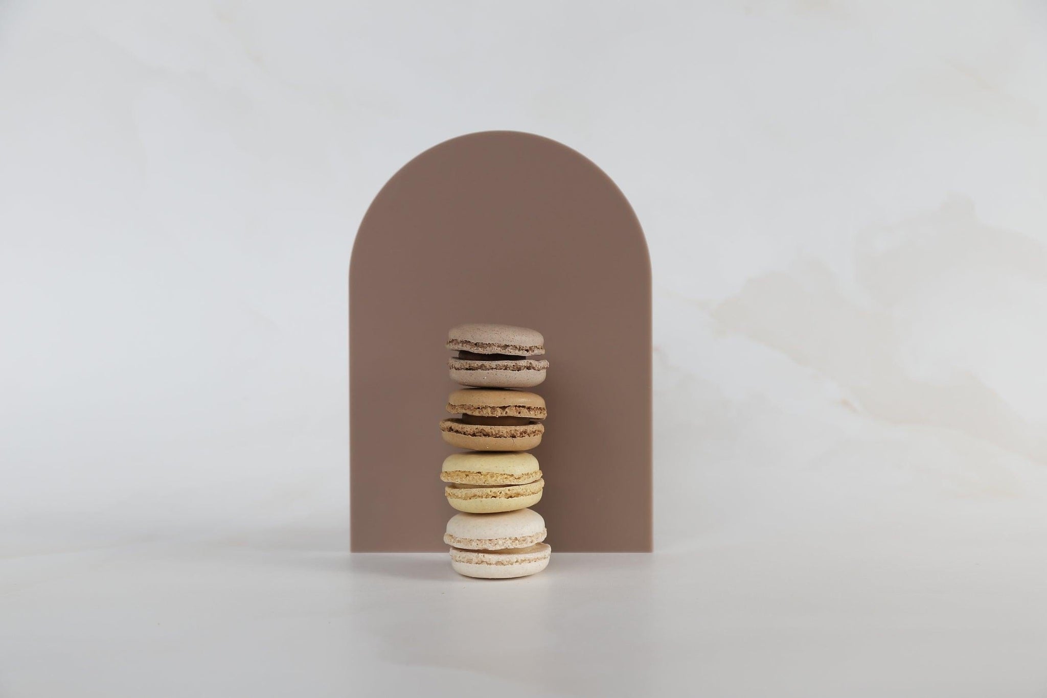 Medium cappuccino brown Acrylic Arch with marble background with macaroon - backdrop collective