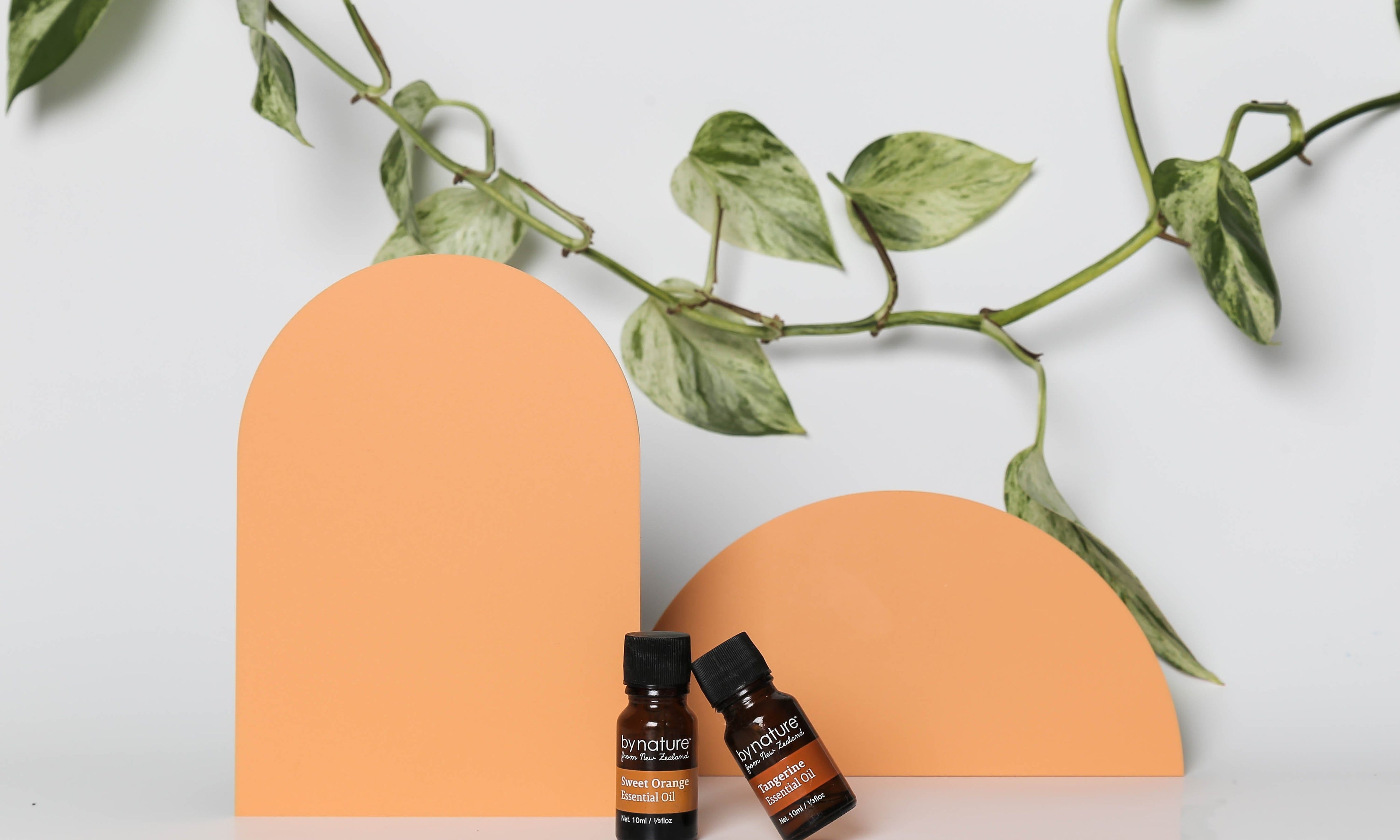 orange arch and semi circle acrylic photography props with essential oil bottles and green vine - backdrop collective melbourne australia