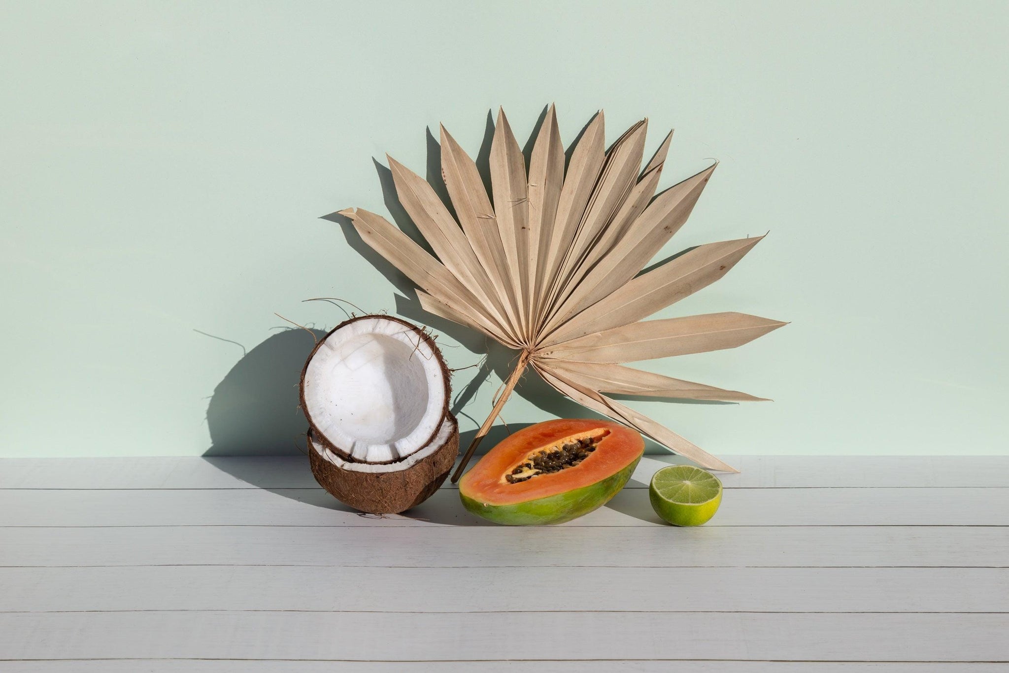 Rustic White timber and mint green double-sided photography vinyl backdrop with tropical fruit and palm - backdrop collective melbourne