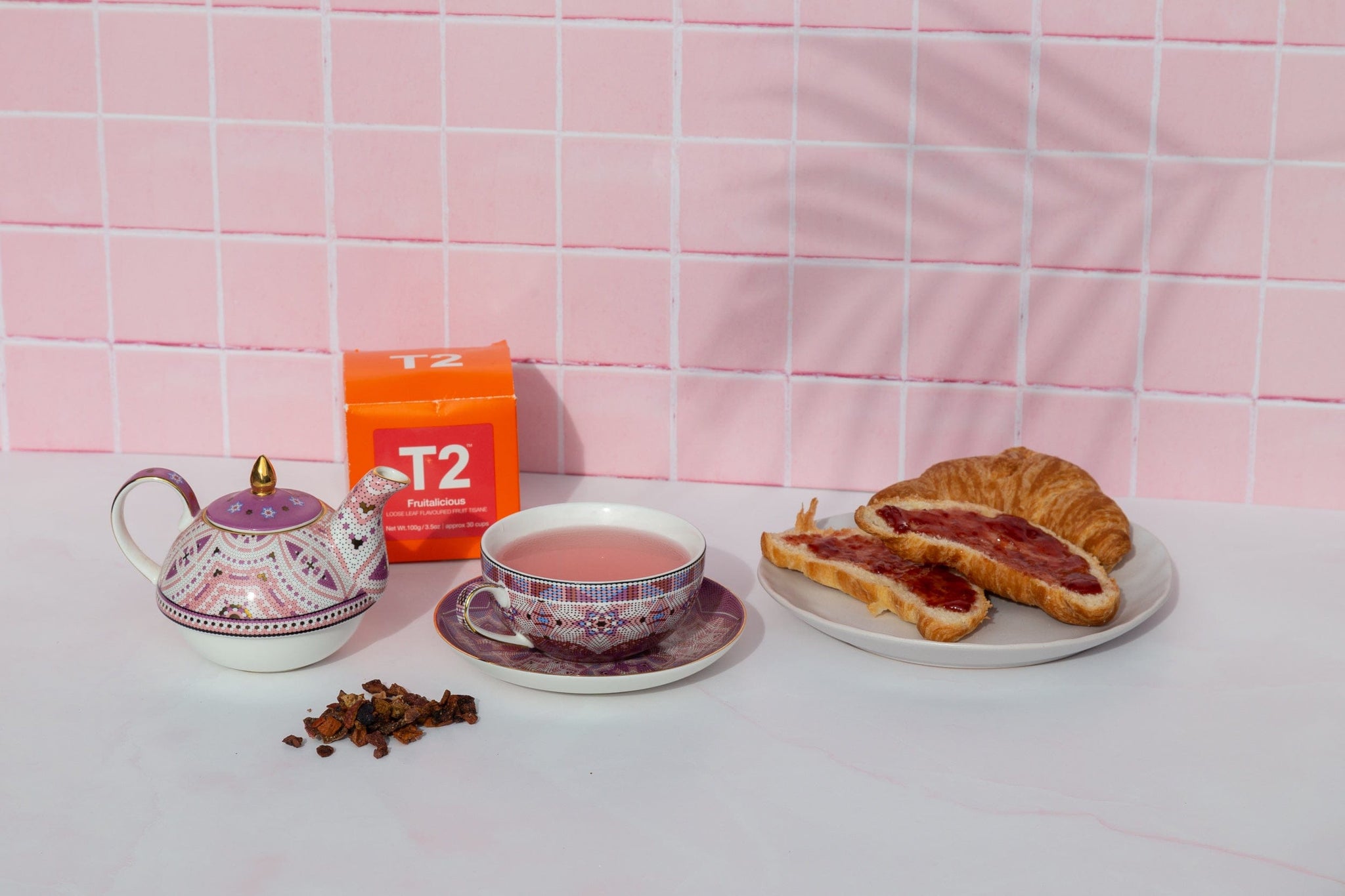 Pink tile and marble double-sided vinyl photography backdrops for food and drink photography photographed with T2 and croissants  - backdrop collective australia 