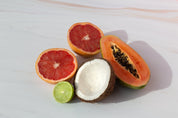 Peach marble double-sided photography vinyl backdrop with tropical fruit coconut - backdrop collective 