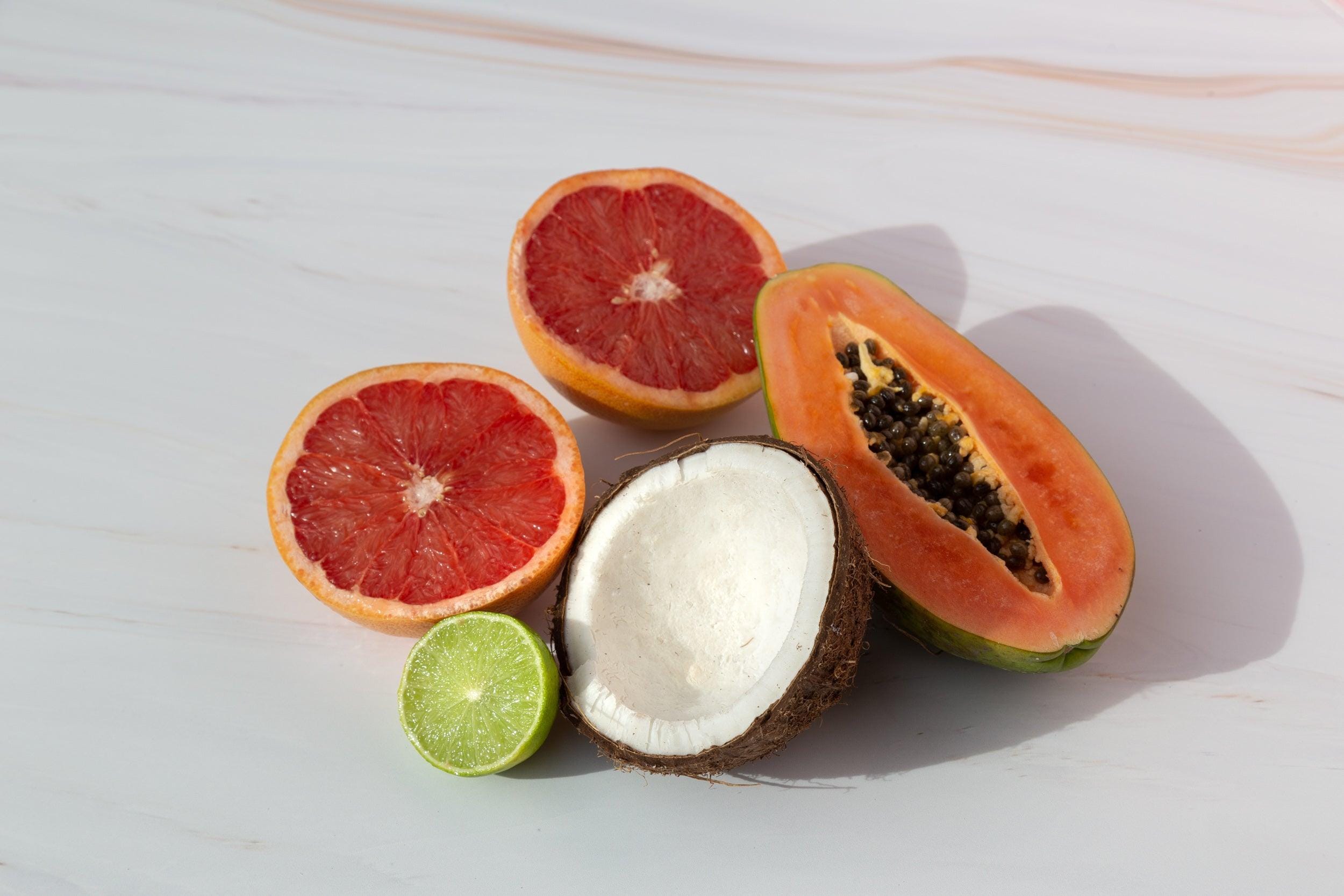 Peach marble double-sided photography vinyl backdrop with tropical fruit coconut - backdrop collective 