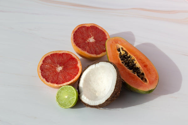 Peach marble double-sided photography vinyl backdrop with tropical fruit coconut - backdrop collective 