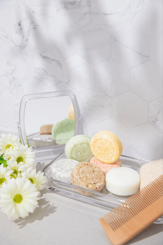 grey marble tile double-sided backdrops with bathroom accessories - Backdrop Collective