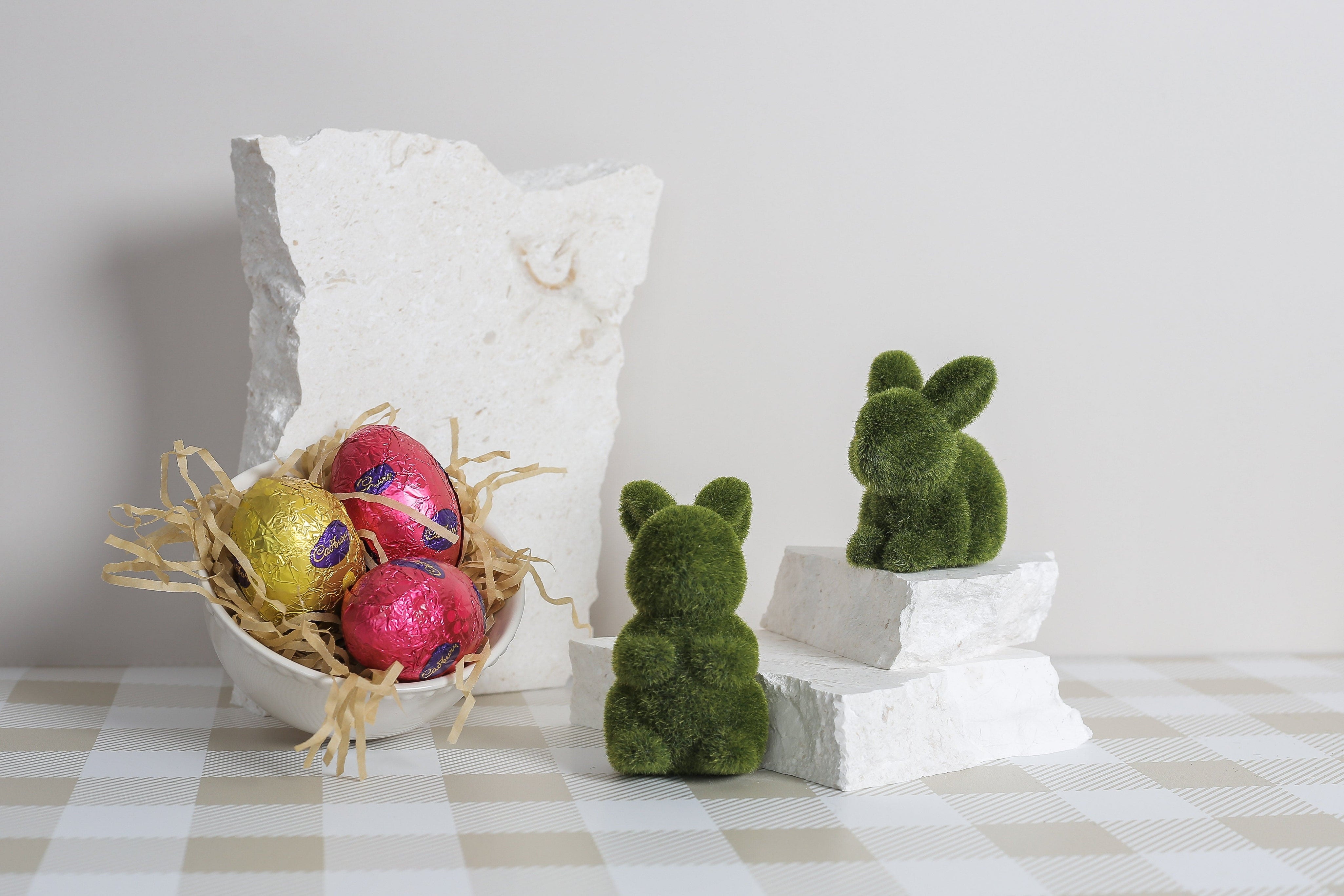 picnic rug style photography backdrop for easter imagery with easter eggs and bunnies
